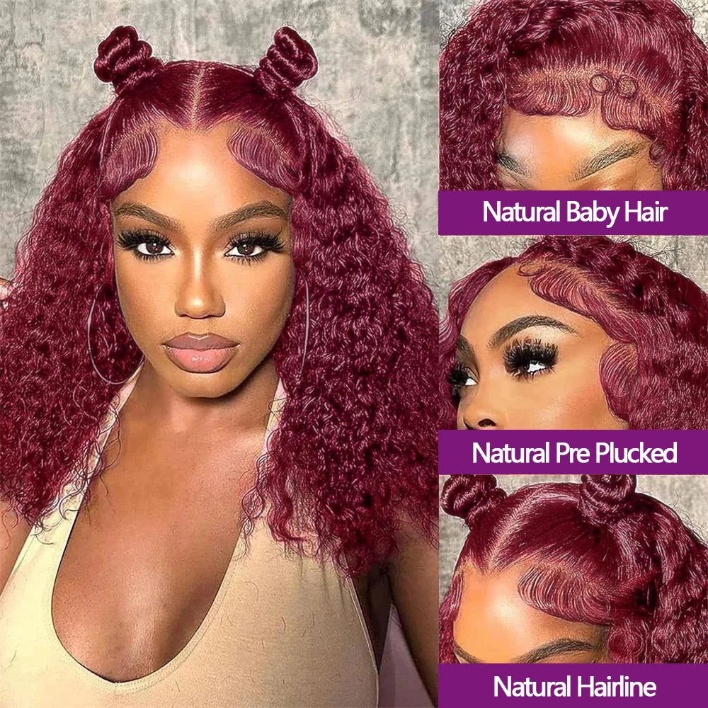 99J Burgundy Deep Curly Bob 13x4 HD Lace Frontal Wig (220% Density, Pre-Plucked, 16")
