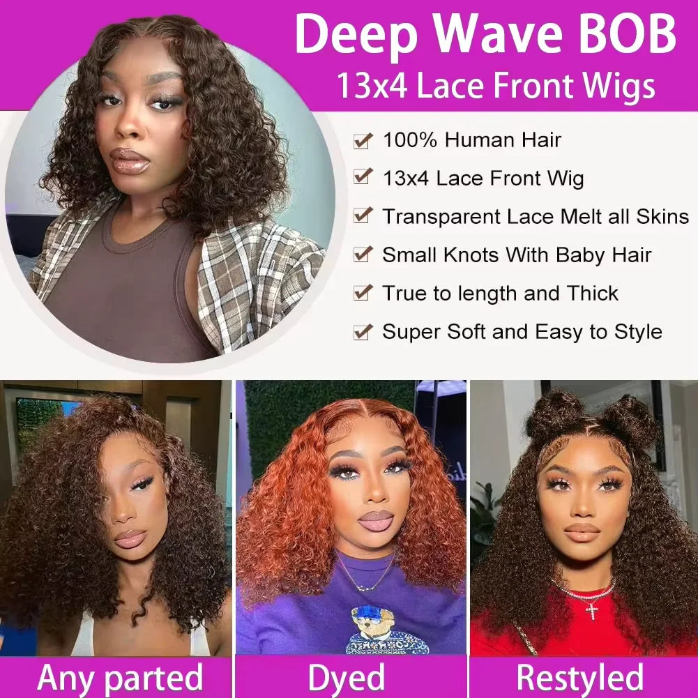 Chocolate Brown Deep Wave Bob 13x4 HD Transparent Lace Front Human Hair Wig (10–16 Inch)