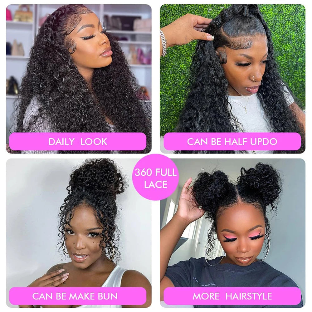 Invisible Strap HD 360 Lace Front Wig Human Hair Deep Curly Precut 360 Full Lace Wig Drawstring Snug Fit Glueless Wig Human Hair