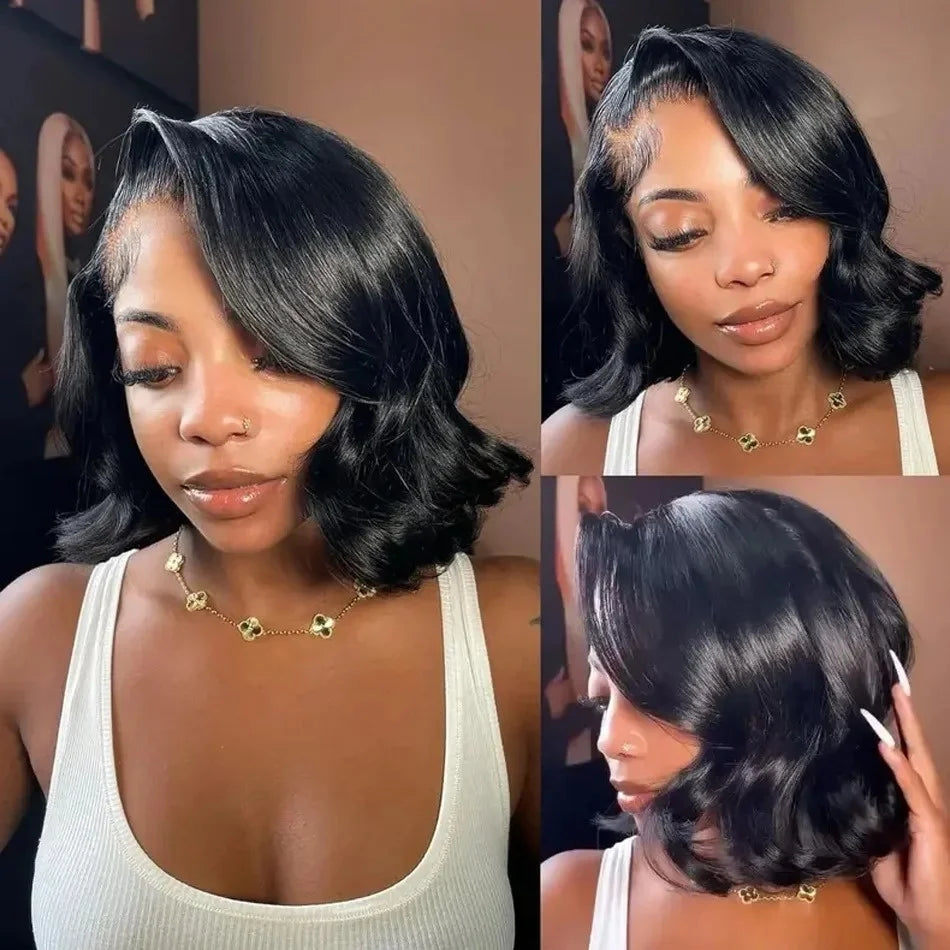 Black Body Wave Bob 13x4 Lace Front Wig (4x4 Closure Option) – 100% Human Hair, Pre-Plucked, Transparent Lace