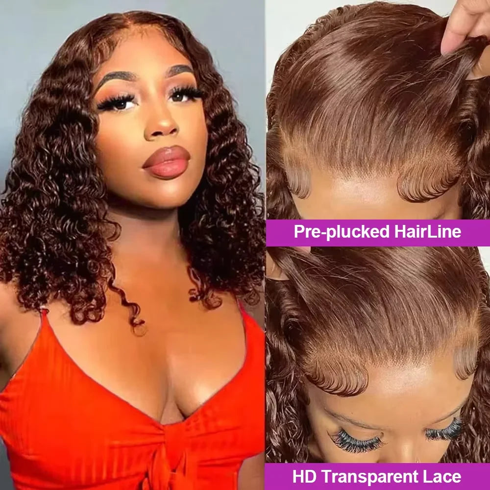 Chocolate Brown Deep Wave Bob 13x4 HD Transparent Lace Front Human Hair Wig (10–16 Inch)
