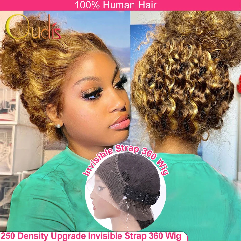 250% Density Honey Blonde Highlight Deep Wave 360 HD Lace Front Wig (Invisible Strap, 30 Inch)