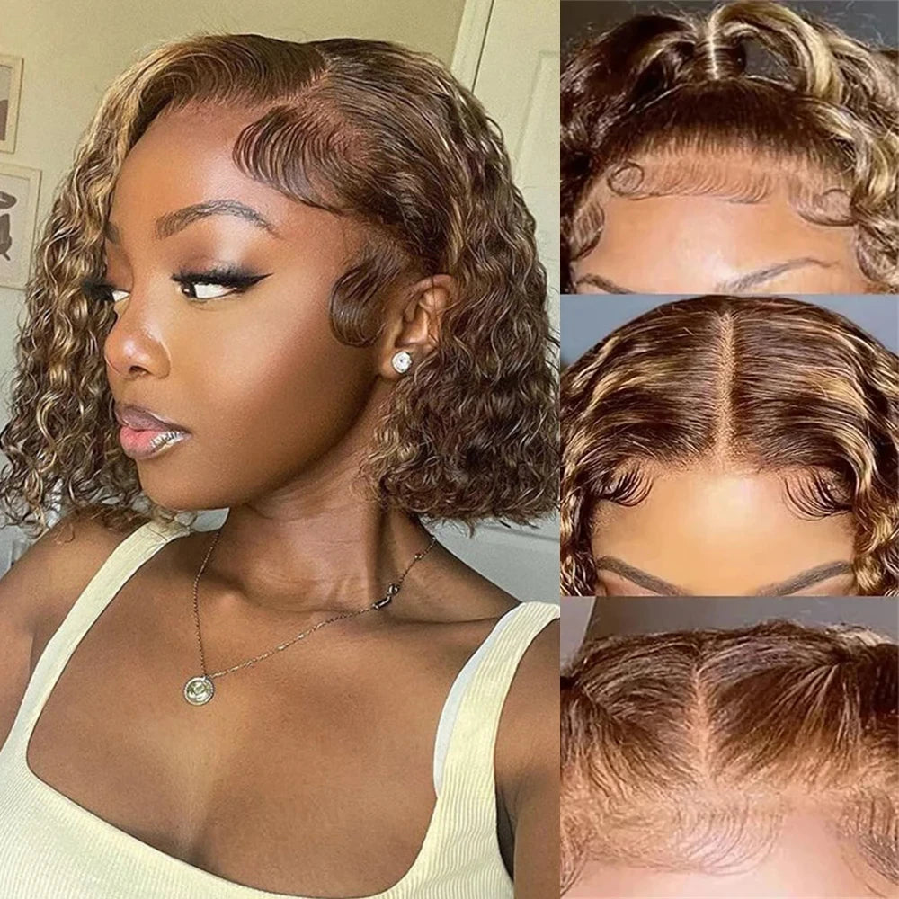 P4/27 Ombre Highlight Deep Wave Curly Bob 13x4 Lace Front Remy Human Hair Wig (Transparent Swiss Lace)
