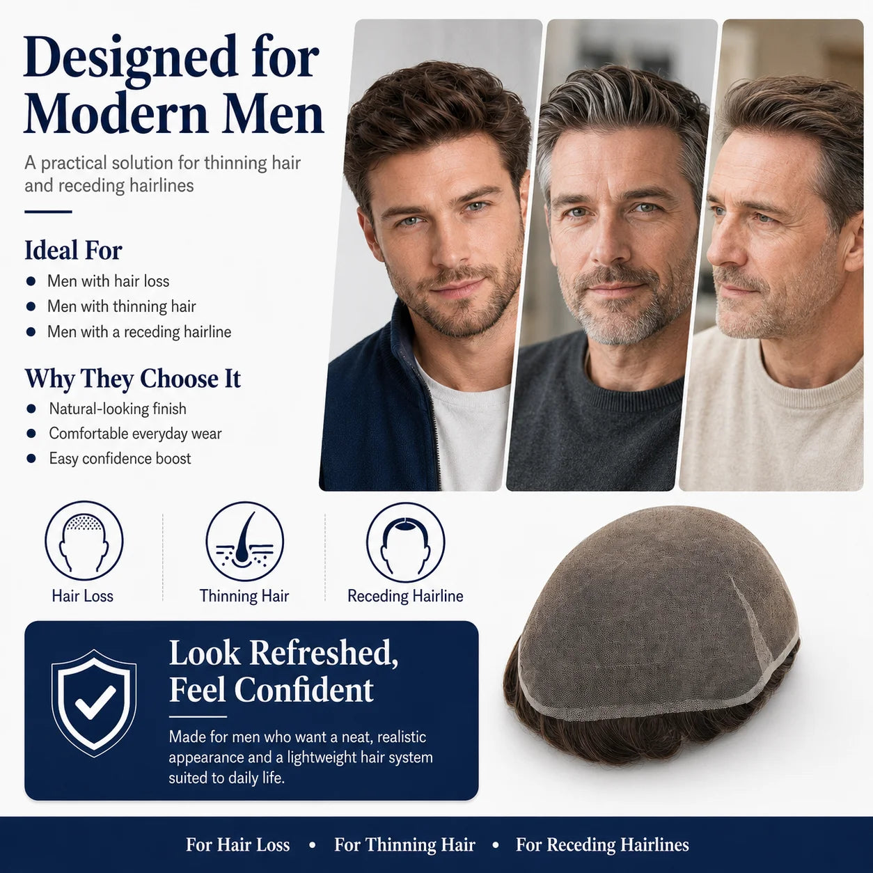 Topunique Full Swiss Lace Men's Toupee | 90% Light Density Hair System for Men