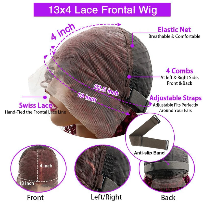 99J Burgundy Short Curly Bob HD Lace Wig (13x4 / 4x4) – Brazilian Remy Human Hair, 200% Density (4–16")