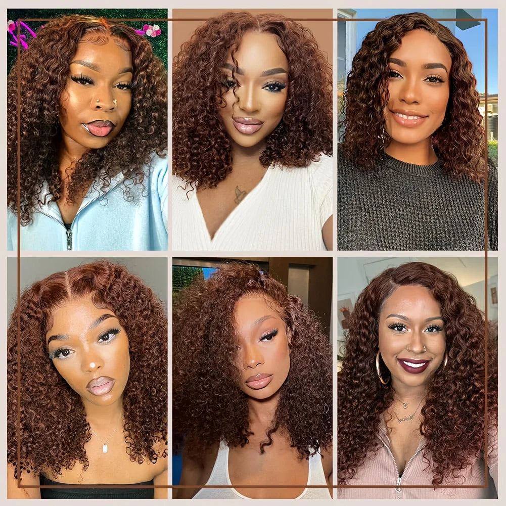 Color 4 Brown Kinky Curly Bob 13x4 Transparent Lace Human Hair Wig (Deep Wave, Short 4–16")