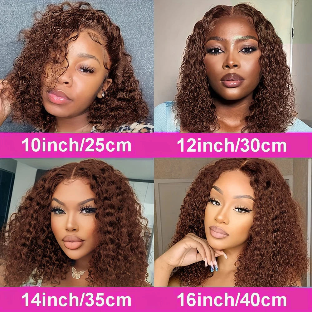 Color 4 Brown Kinky Curly Bob 13x4 Transparent Lace Human Hair Wig (Deep Wave, Short 4–16")