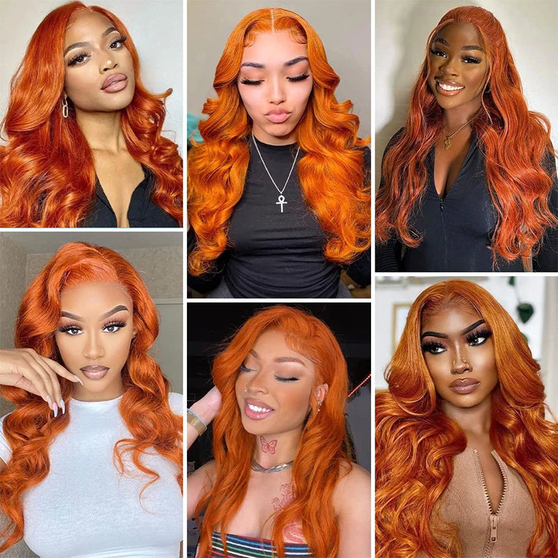 Ginger Orange Body Wave 13x6 Transparent Lace Front Human Hair Wig #350 200% Density