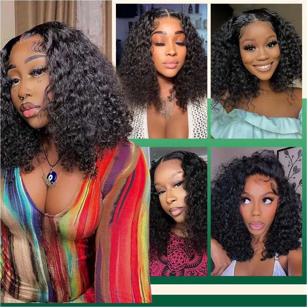 Deep Wave Bob Human Hair Wig 13x4 Invisible Transparent Lace Front (200% Density, #1B Natural Black)