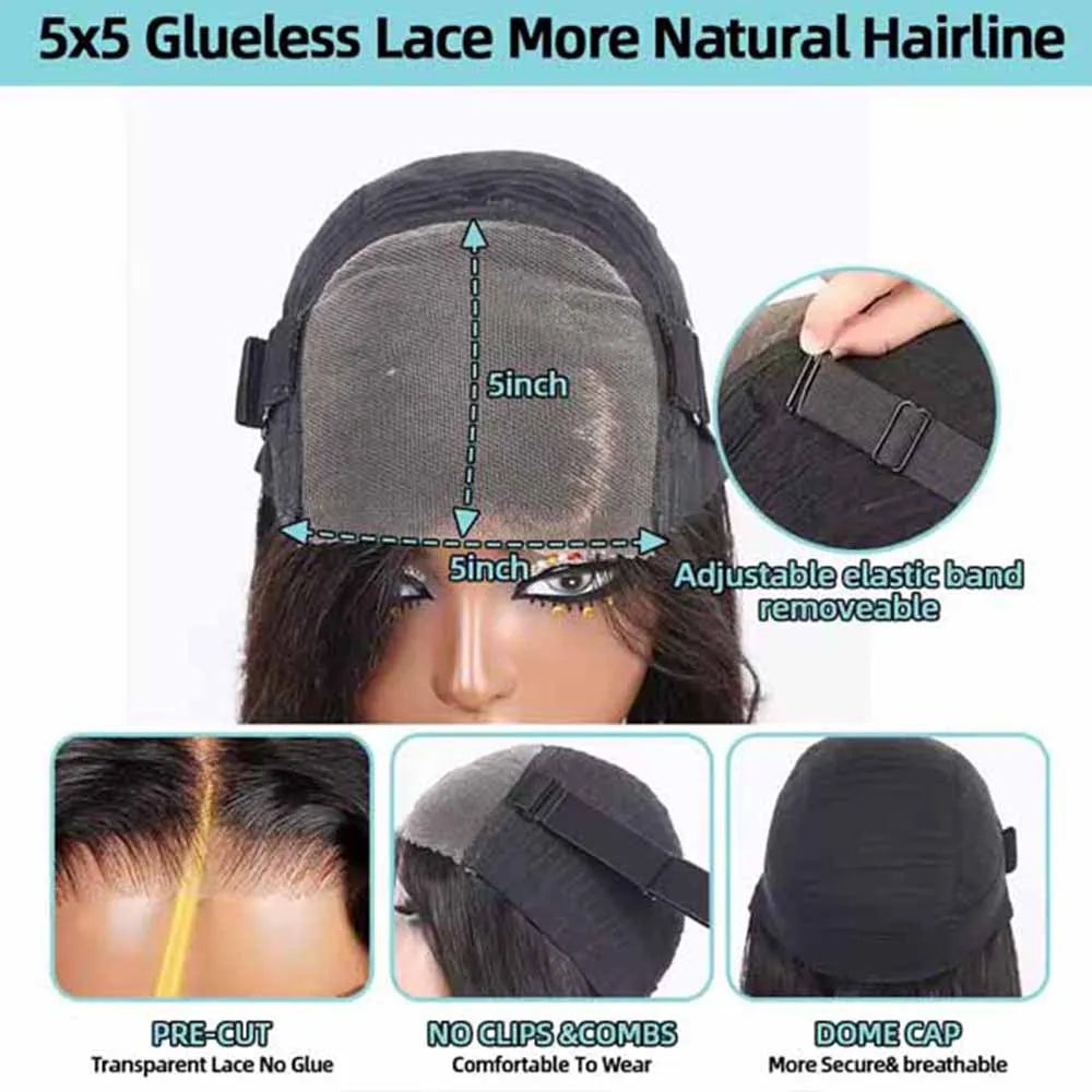 250% Density Glueless Deep Wave Human Hair Wig (5x5 HD Lace Closure, Pre-Cut, No Glue, Large Cap)