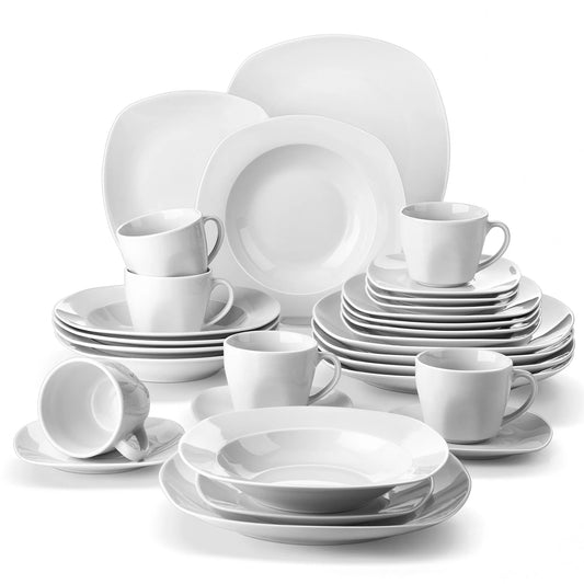 MALACASA Elisa 30-Piece Porcelain Dinnerware Set | 6-Person Ceramic Tableware with Plates, Cups & Saucers – Modern Classic Design