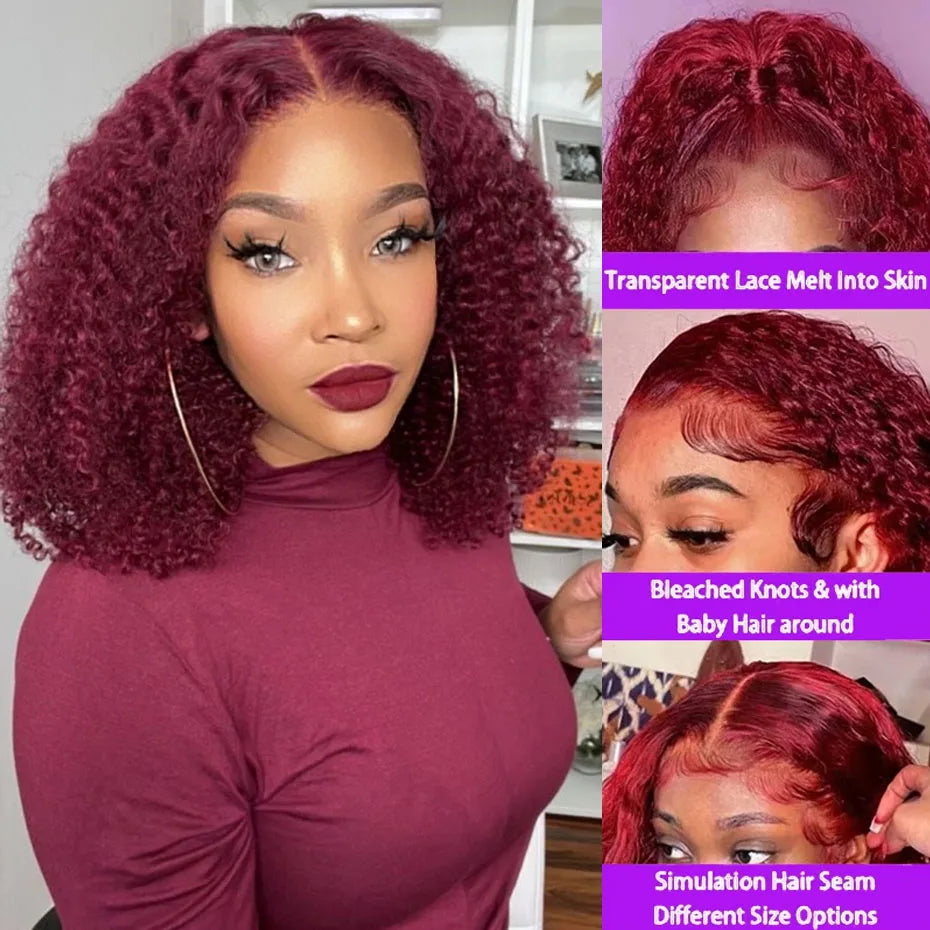 Burgundy Red #99J Curly Bob HD Lace Front Wig (13x4) – 250% Density Brazilian Remy Human Hair (4–16")