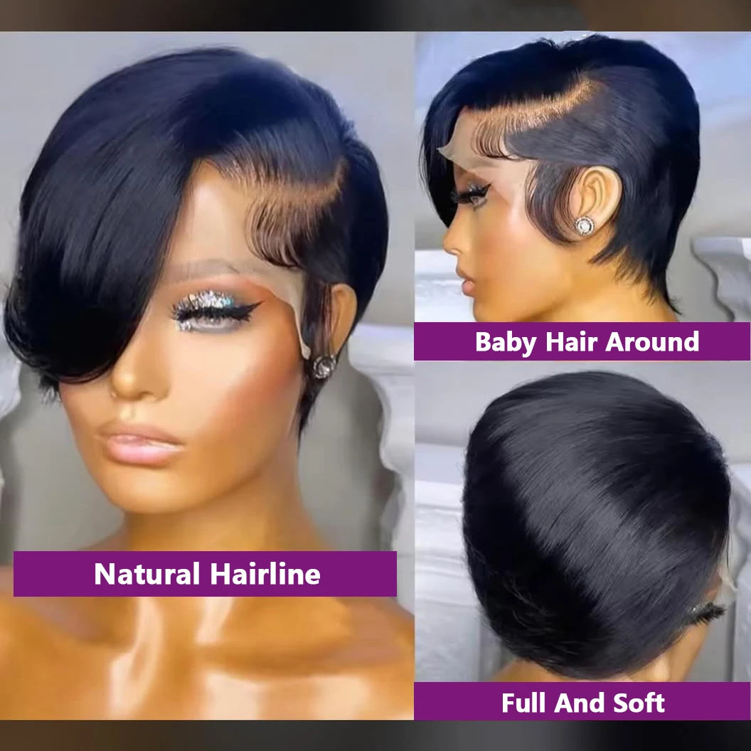 13x4 HD Lace Frontal Wig Pixie Wut Wig Straight Human Hair Wigs T-Part Lace Black Wig Pre Plucked Pixie Cut Highlight Wig Hair