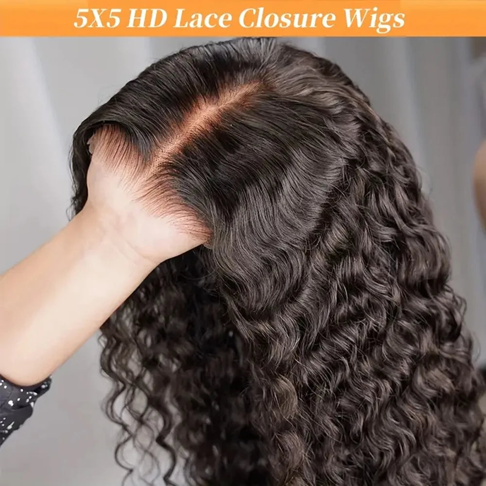 250% Density Glueless Deep Wave Human Hair Wig (5x5 HD Lace Closure, Pre-Cut, No Glue, Large Cap)