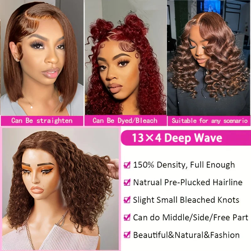 Color 4 Brown Kinky Curly Bob 13x4 Transparent Lace Human Hair Wig (Deep Wave, Short 4–16")