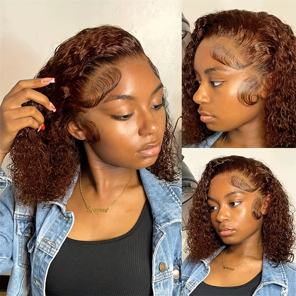 Color 4 Brown Kinky Curly Bob 13x4 Transparent Lace Human Hair Wig (Deep Wave, Short 4–16")