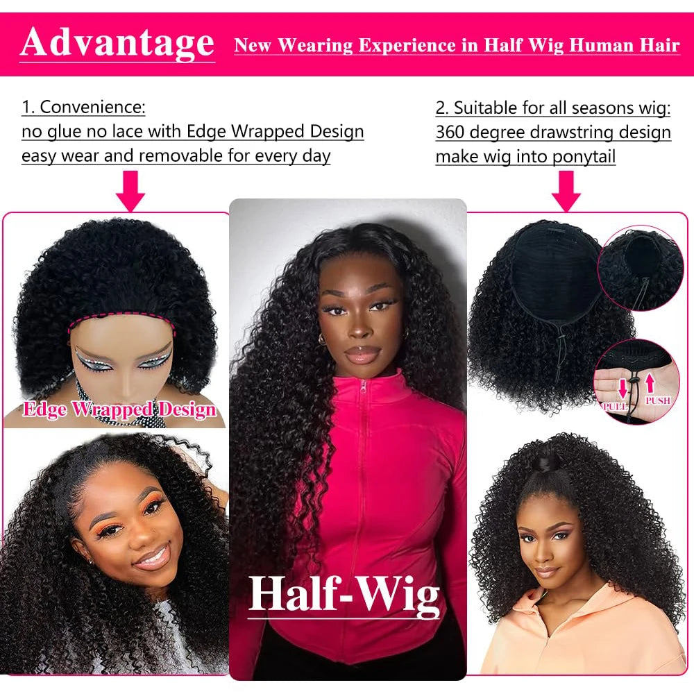 Glueless Kinky Curly Half Wig with Drawstring & Clips – 250% Density (26+ Inch)