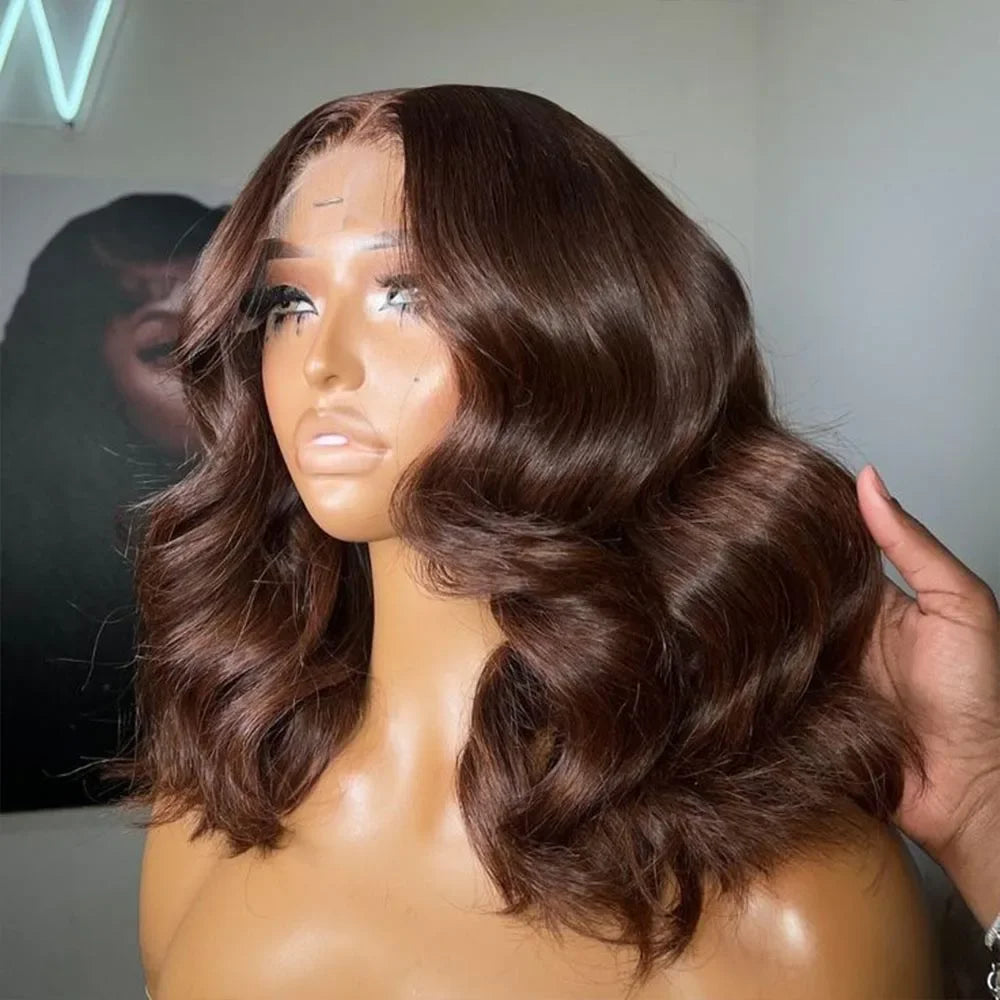 Umi 13x4 HD Body Wave Short Bob Human Hair Wig (Chocolate Brown #4, Transparent Lace, 220% Density)