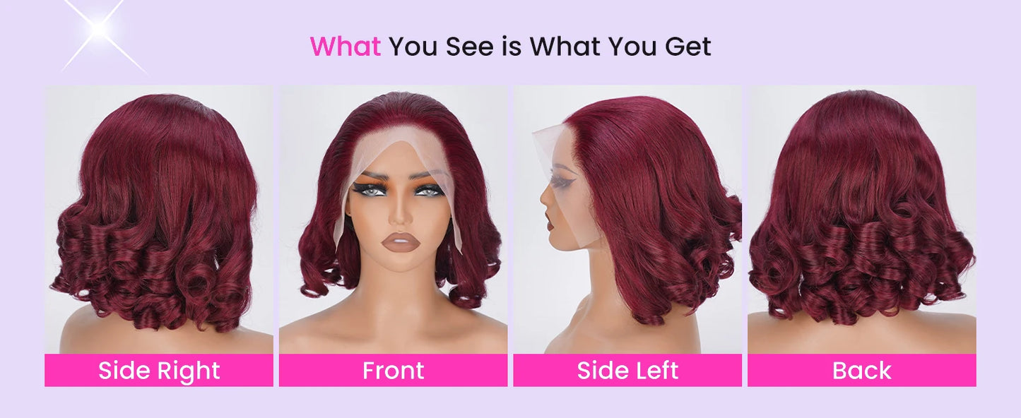 13x4 Lace Front 99J Burgundy Loose Wave Human Hair Bob Wig – Pre-Plucked
