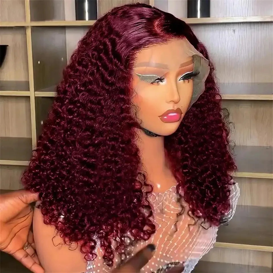 99J Burgundy Deep Curly Bob 13x4 HD Lace Frontal Wig (220% Density, Pre-Plucked, 16")