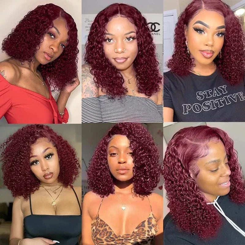 99J Burgundy Short Curly Bob HD Lace Wig (13x4 / 4x4) – Brazilian Remy Human Hair, 200% Density (4–16")