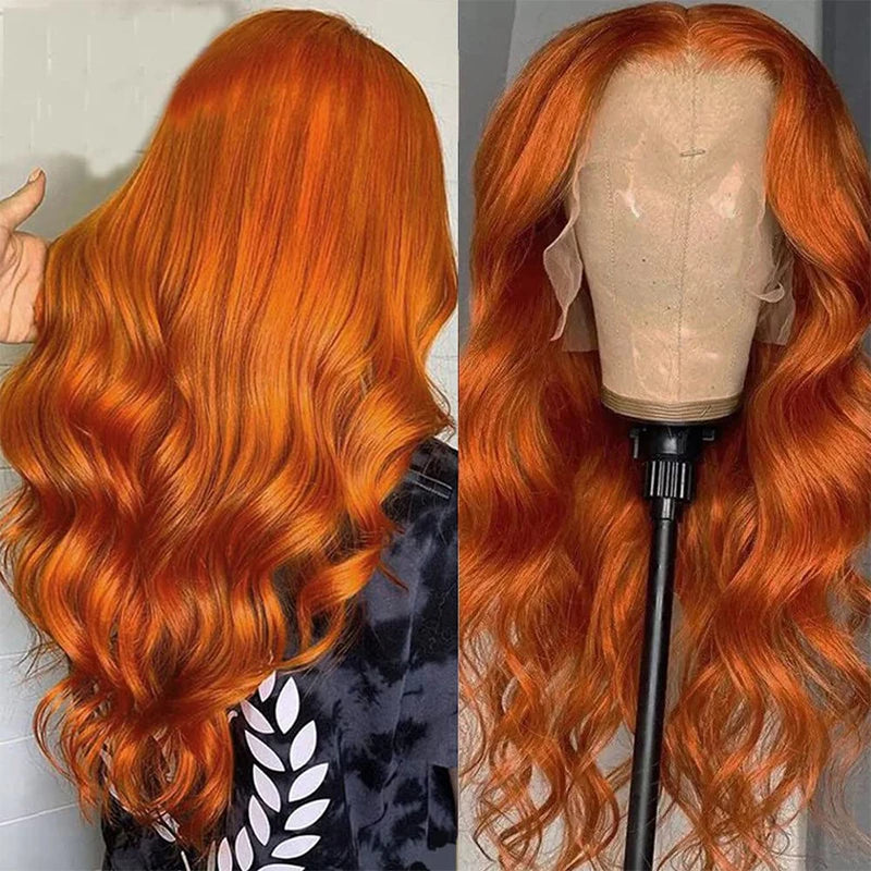 Ginger Orange Body Wave 13x6 Transparent Lace Front Human Hair Wig #350 200% Density