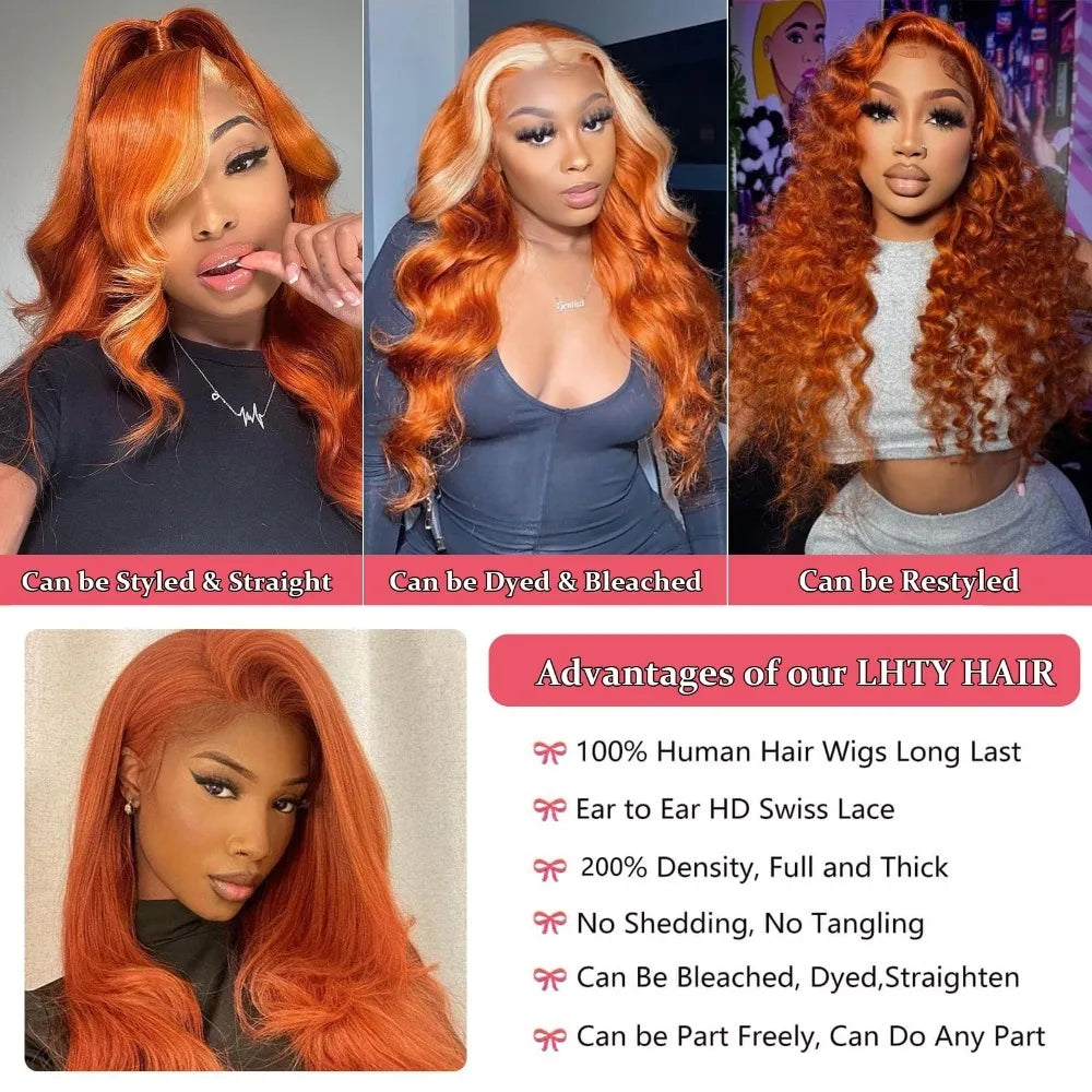 250% Density Ginger Orange Body Wave 13x4 HD Lace Front Human Hair Wig – Pre-Plucked Brazilian Wig for Women