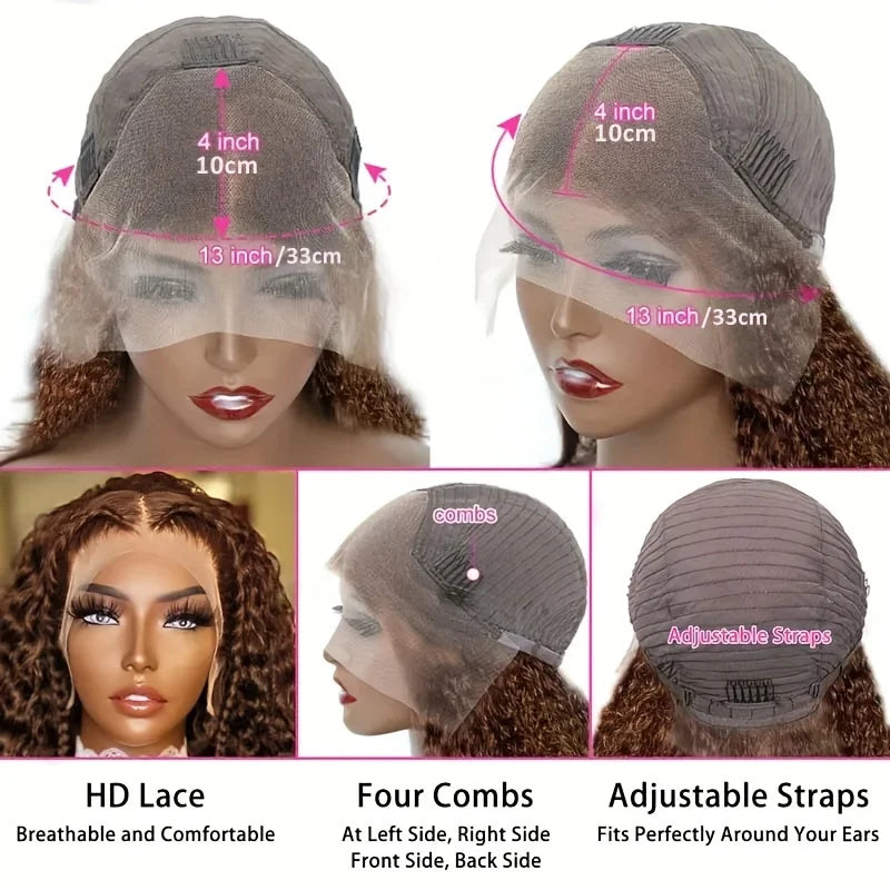 Color 4 Brown Kinky Curly Bob 13x4 Transparent Lace Human Hair Wig (Deep Wave, Short 4–16")