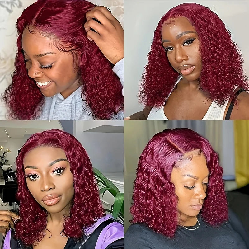 99J Burgundy Deep Curly Bob 13x4 HD Lace Frontal Wig (220% Density, Pre-Plucked, 16")