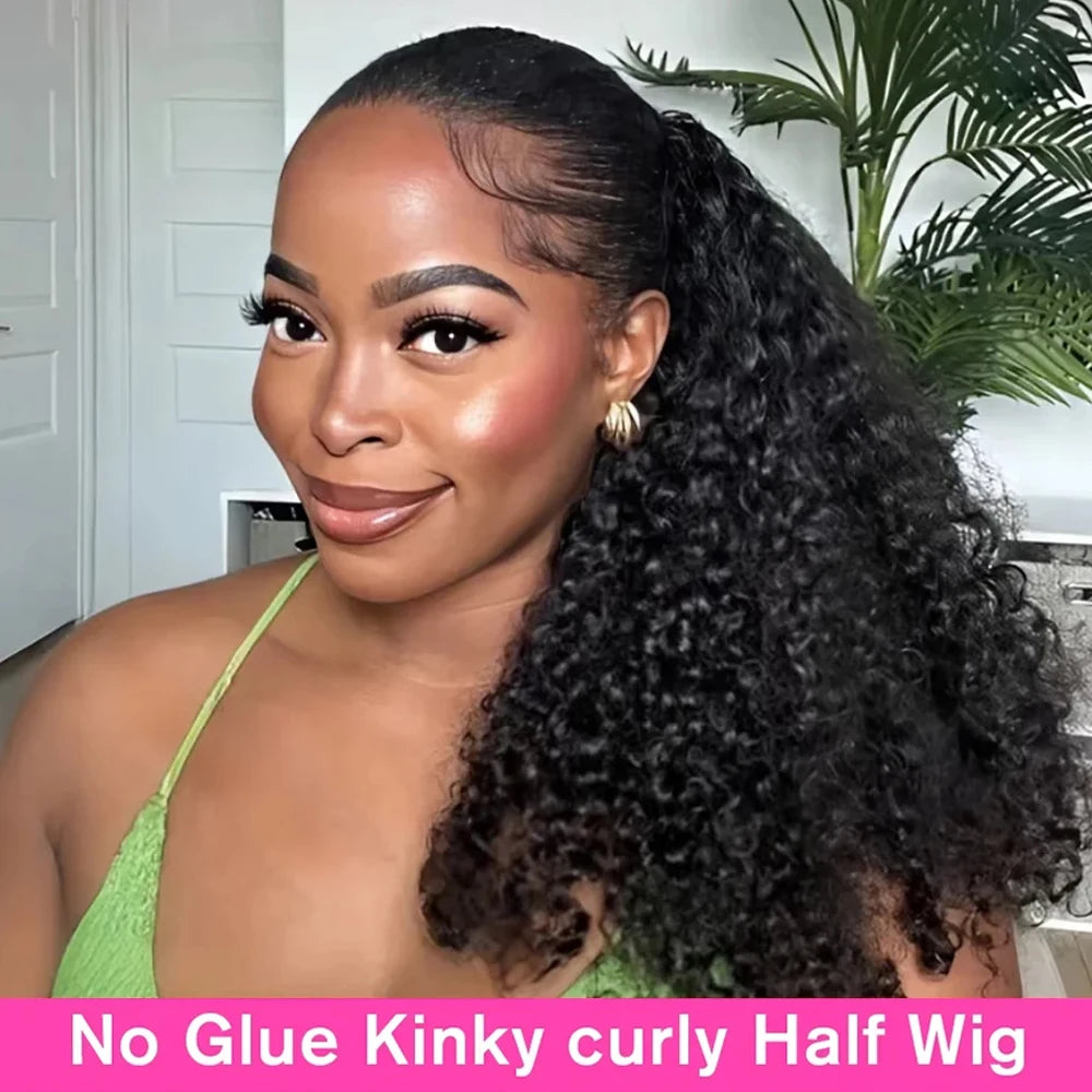 3-in-1 Glueless Kinky Curly Headband Half Wig – Drawstring & Clip-Ins (18–24")