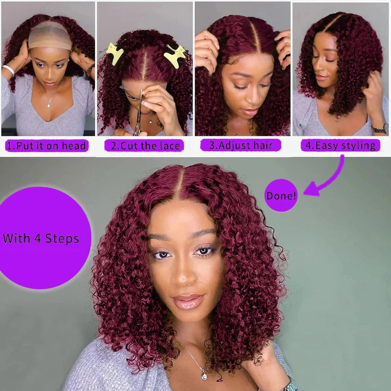 Burgundy Red #99J Curly Bob HD Lace Front Wig (13x4) – 250% Density Brazilian Remy Human Hair (4–16")