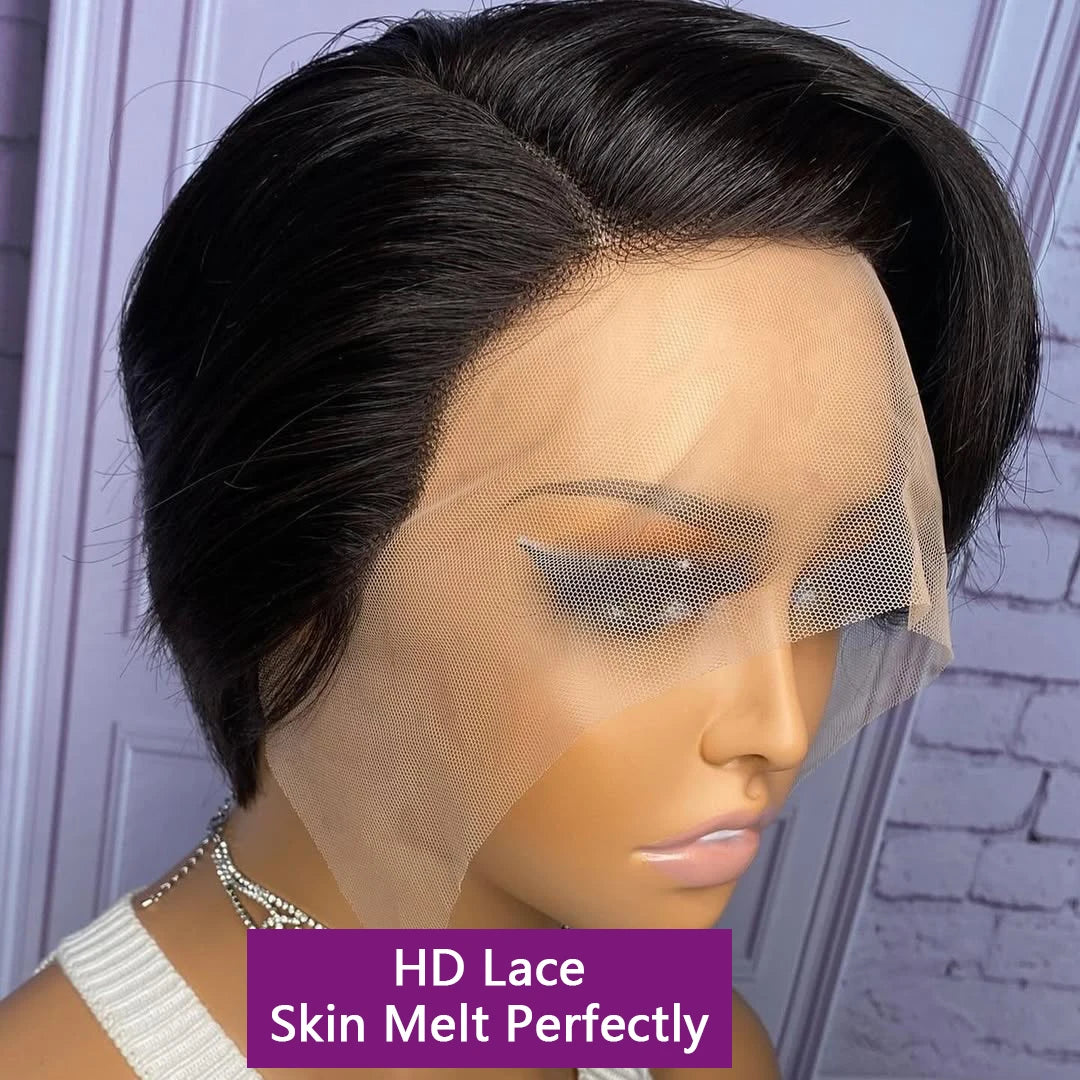 13x4 HD Lace Frontal Wig Pixie Wut Wig Straight Human Hair Wigs T-Part Lace Black Wig Pre Plucked Pixie Cut Highlight Wig Hair