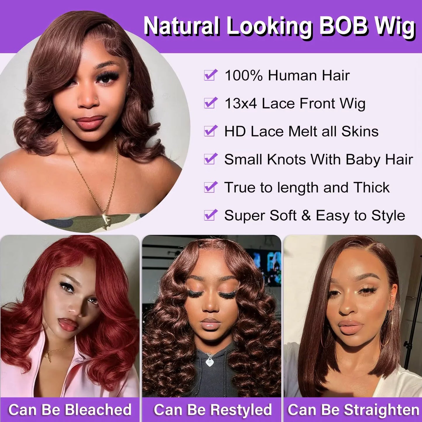 Umi 13x4 HD Body Wave Short Bob Human Hair Wig (Chocolate Brown #4, Transparent Lace, 220% Density)