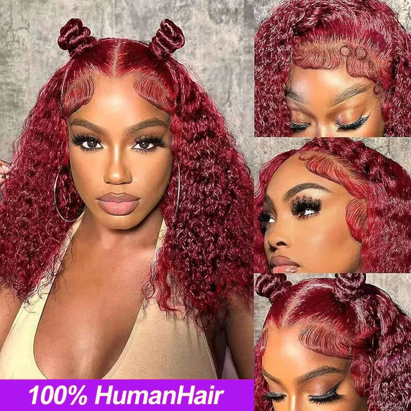 99J Burgundy Short Curly Bob HD Lace Wig (13x4 / 4x4) – Brazilian Remy Human Hair, 200% Density (4–16")