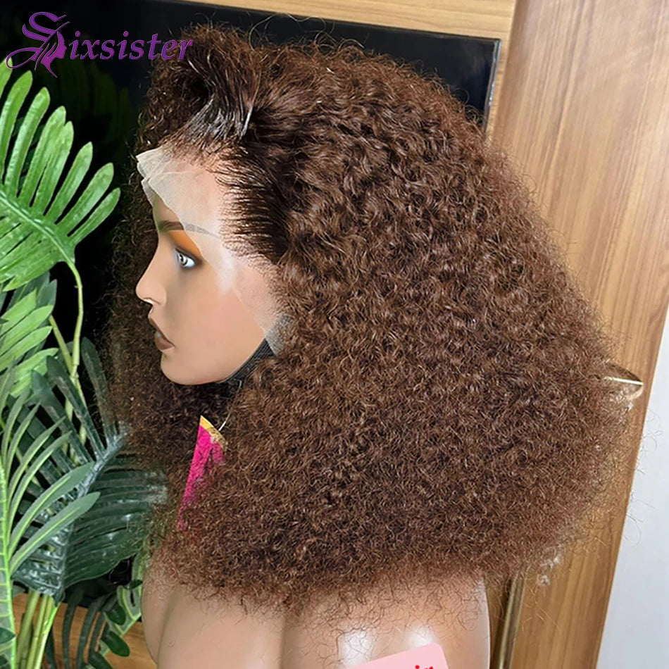 Color 4 Brown Kinky Curly Bob 13x4 Transparent Lace Human Hair Wig (Deep Wave, Short 4–16")
