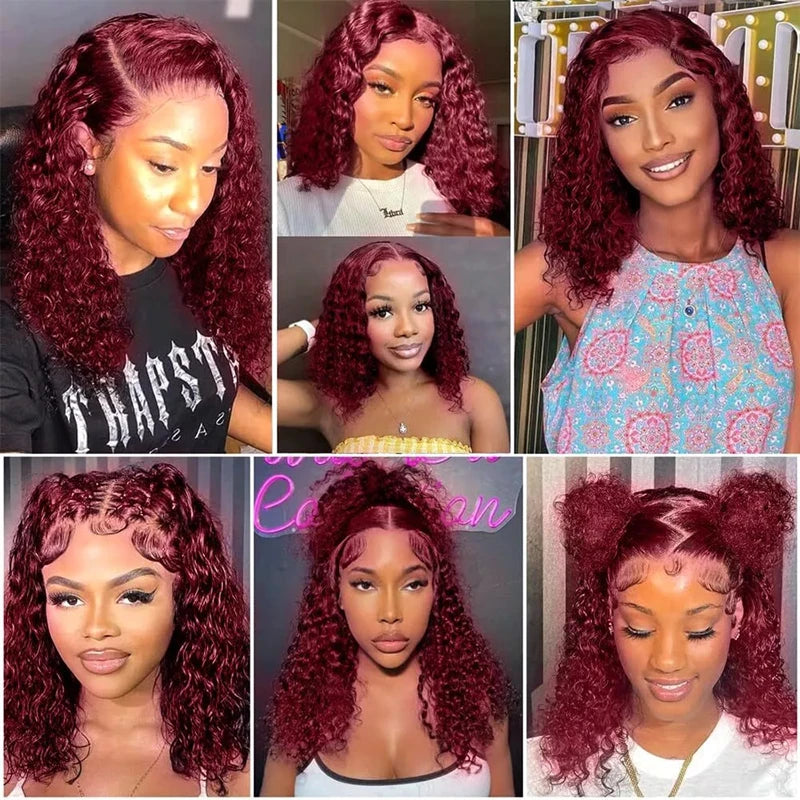99J Burgundy Short Curly Bob HD Lace Wig (13x4 / 4x4) – Brazilian Remy Human Hair, 200% Density (4–16")