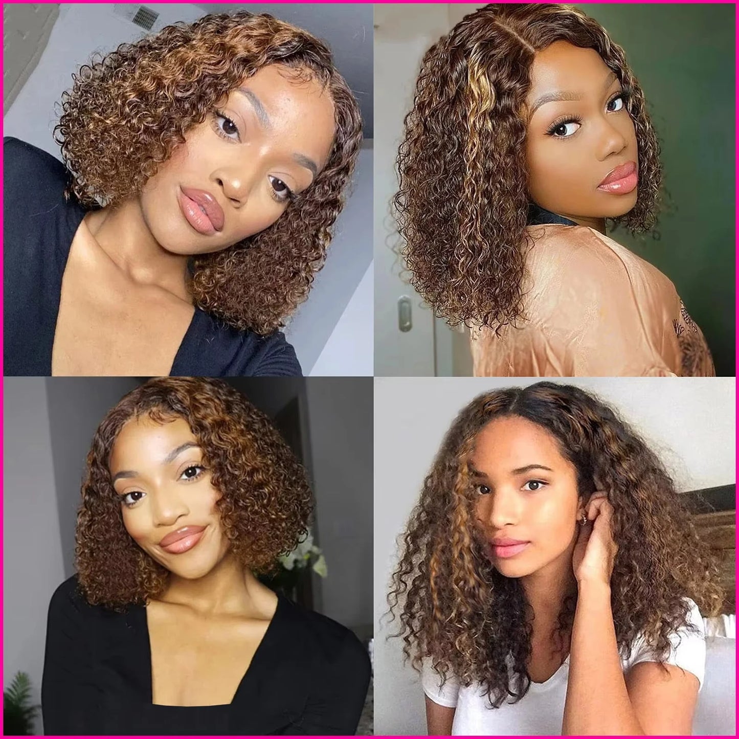 P4/27 Ombre Highlight Deep Wave Curly Bob 13x4 Lace Front Remy Human Hair Wig (Transparent Swiss Lace)