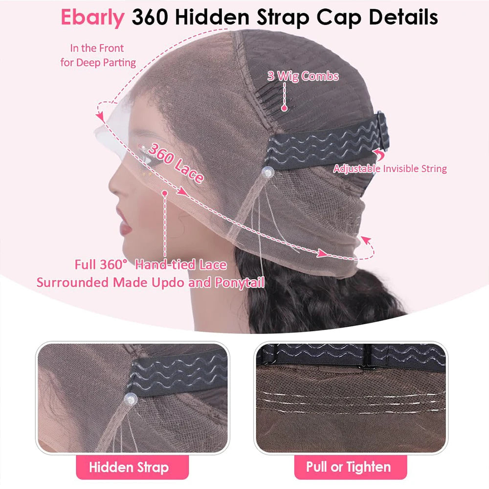Invisible Strap HD 360 Lace Front Wig Human Hair Deep Curly Precut 360 Full Lace Wig Drawstring Snug Fit Glueless Wig Human Hair