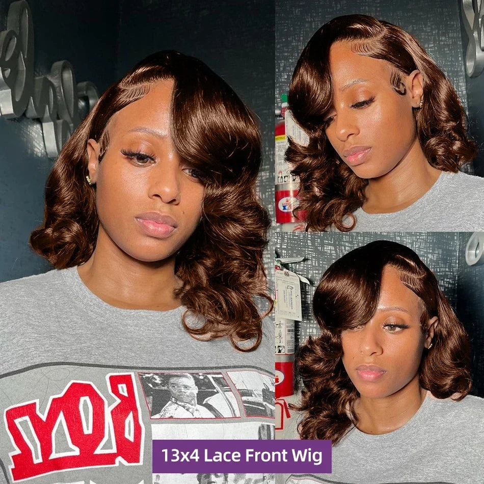 Umi 13x4 HD Body Wave Short Bob Human Hair Wig (Chocolate Brown #4, Transparent Lace, 220% Density)