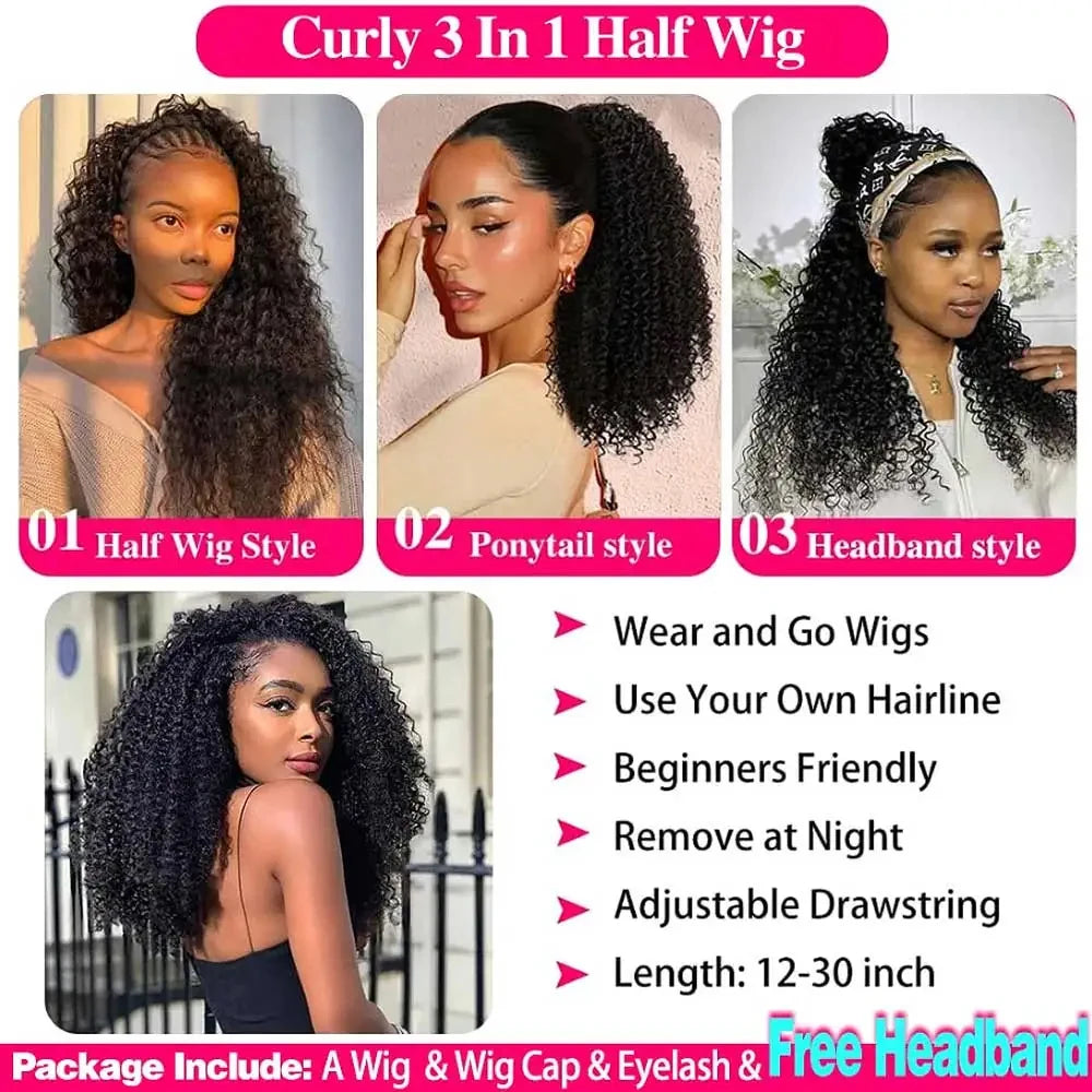 3-in-1 Glueless Kinky Curly Headband Half Wig – Drawstring & Clip-Ins (18–24")