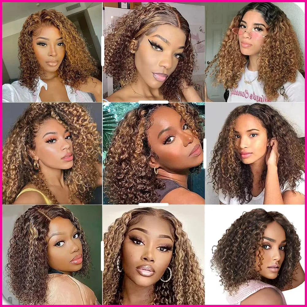 P4/27 Ombre Highlight Deep Wave Curly Bob 13x4 Lace Front Remy Human Hair Wig (Transparent Swiss Lace)
