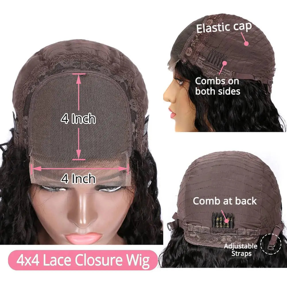 Deep Wave Bob Human Hair Wig 13x4 Invisible Transparent Lace Front (200% Density, #1B Natural Black)