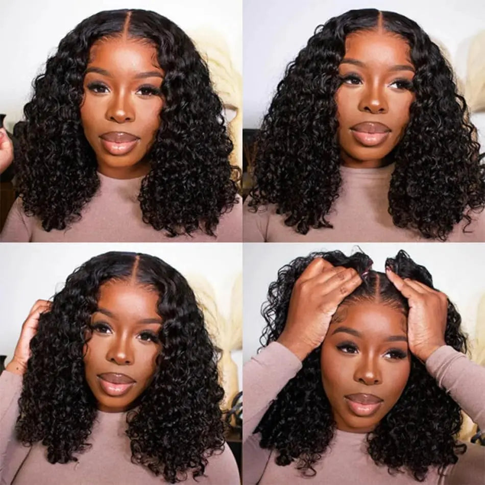 Deep Wave Bob Human Hair Wig 13x4 Invisible Transparent Lace Front (200% Density, #1B Natural Black)