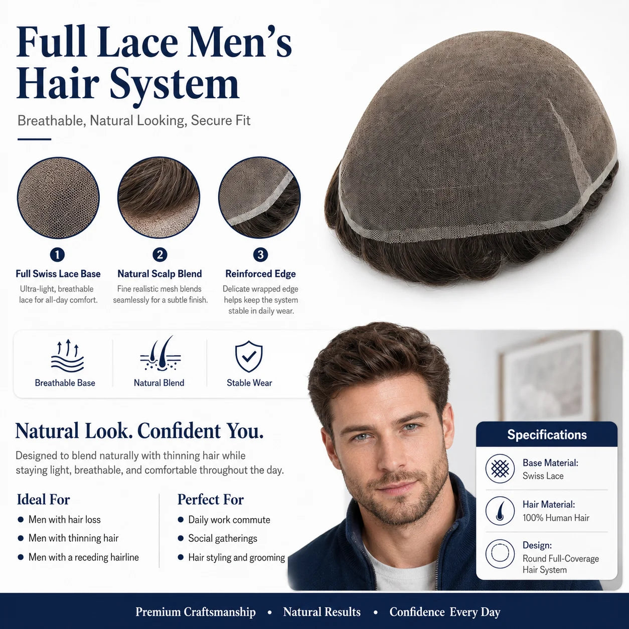 Topunique Full Swiss Lace Men's Toupee | 90% Light Density Hair System for Men