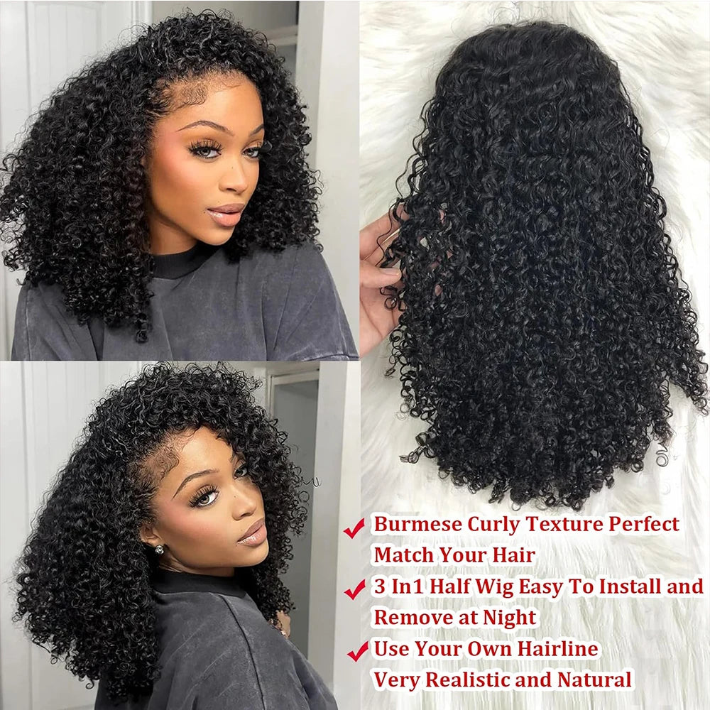 3-in-1 Drawstring Half Wig – Kinky Curly Human Hair, Glueless, 250% Density (Ready to Wear)