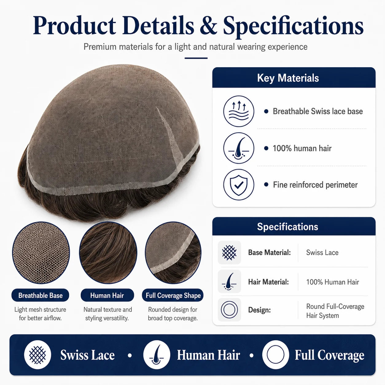 Topunique Full Swiss Lace Men's Toupee | 90% Light Density Hair System for Men