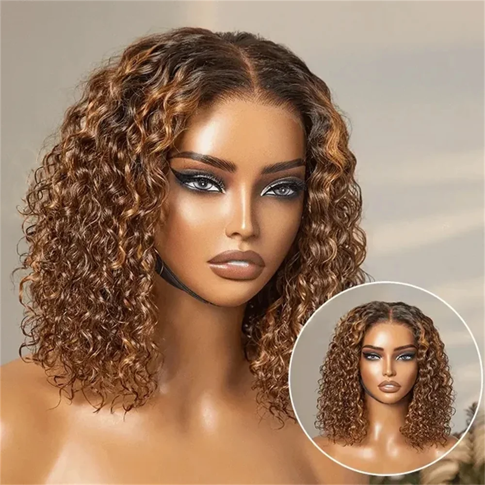 P4/27 Ombre Highlight Deep Wave Curly Bob 13x4 Lace Front Remy Human Hair Wig (Transparent Swiss Lace)