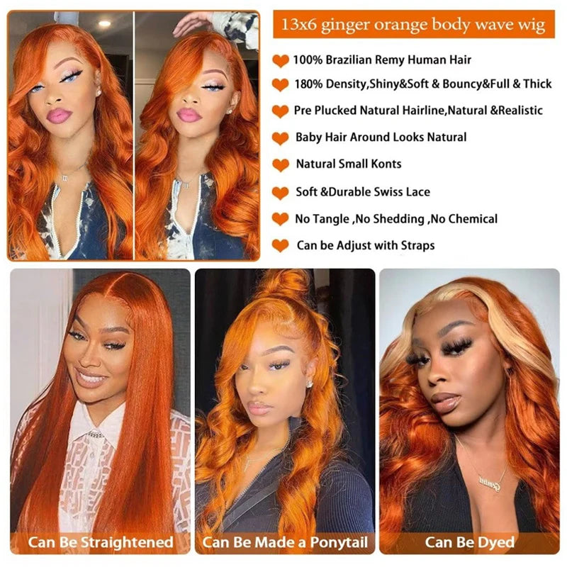 Ginger Orange Body Wave 13x6 Transparent Lace Front Human Hair Wig #350 200% Density