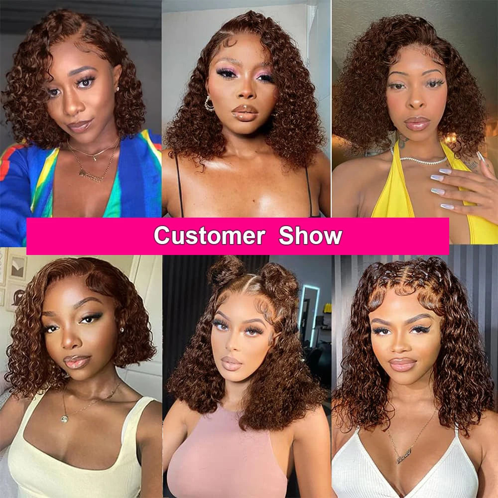 Happy Monday #4 Chocolate Brown Kinky Curly Bob Wig – 13x4 HD Transparent Lace Front, Deep Wave Remy Human Hair (Pre-plucked)