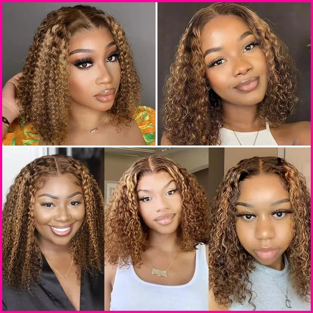 P4/27 Ombre Highlight Deep Wave Curly Bob 13x4 Lace Front Remy Human Hair Wig (Transparent Swiss Lace)